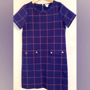 B2 J. CREW KNEE LENGTH, SHORT SLEEVE, DRESS NAVY BLUE PLAID 2
